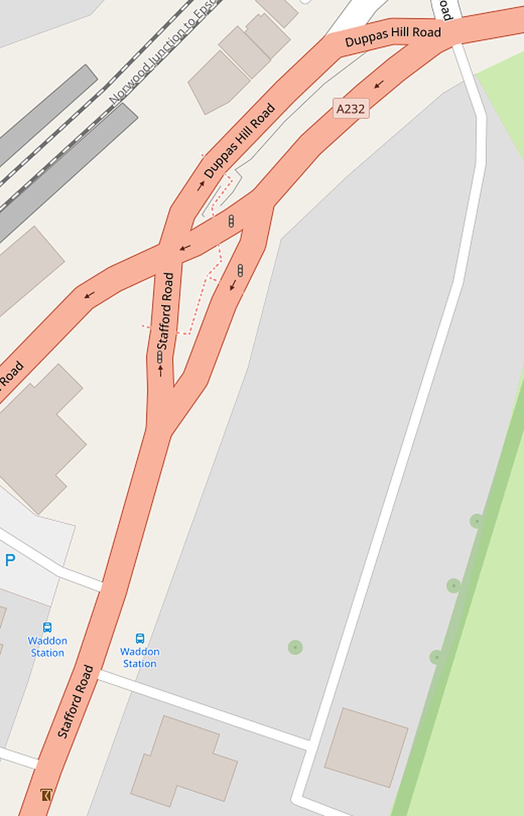 Map of Croydon Coach Works showing two ways in: a side lane off Stafford Road beside the Waddon Station bus stop, and the same lane from Duppas Hill Road at the top. Both lead to the workshop.